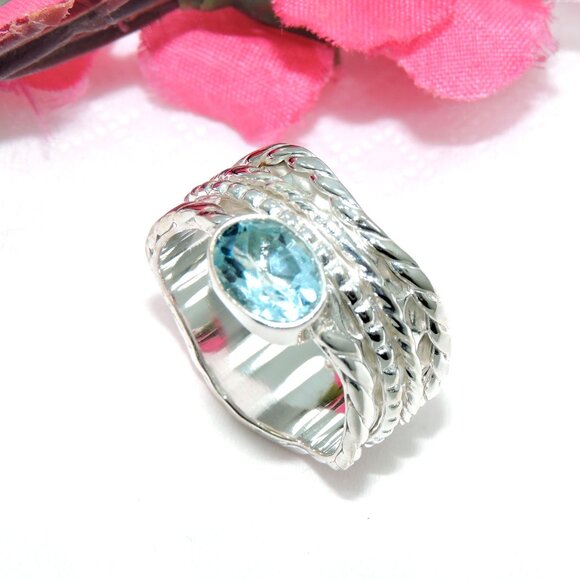 Blue Topaz Spinner Ring, Sterling Silver, Handmade Design Ring, Ring Size:-8US - Picture 2 of 4